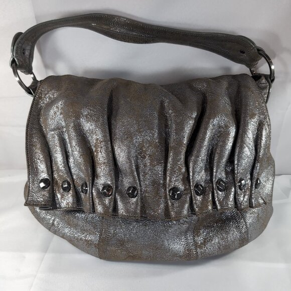 7 For All Mankind Leather Purse Shoulder Bag Silver Distressed Studded Hobo Flap - Picture 1 of 16